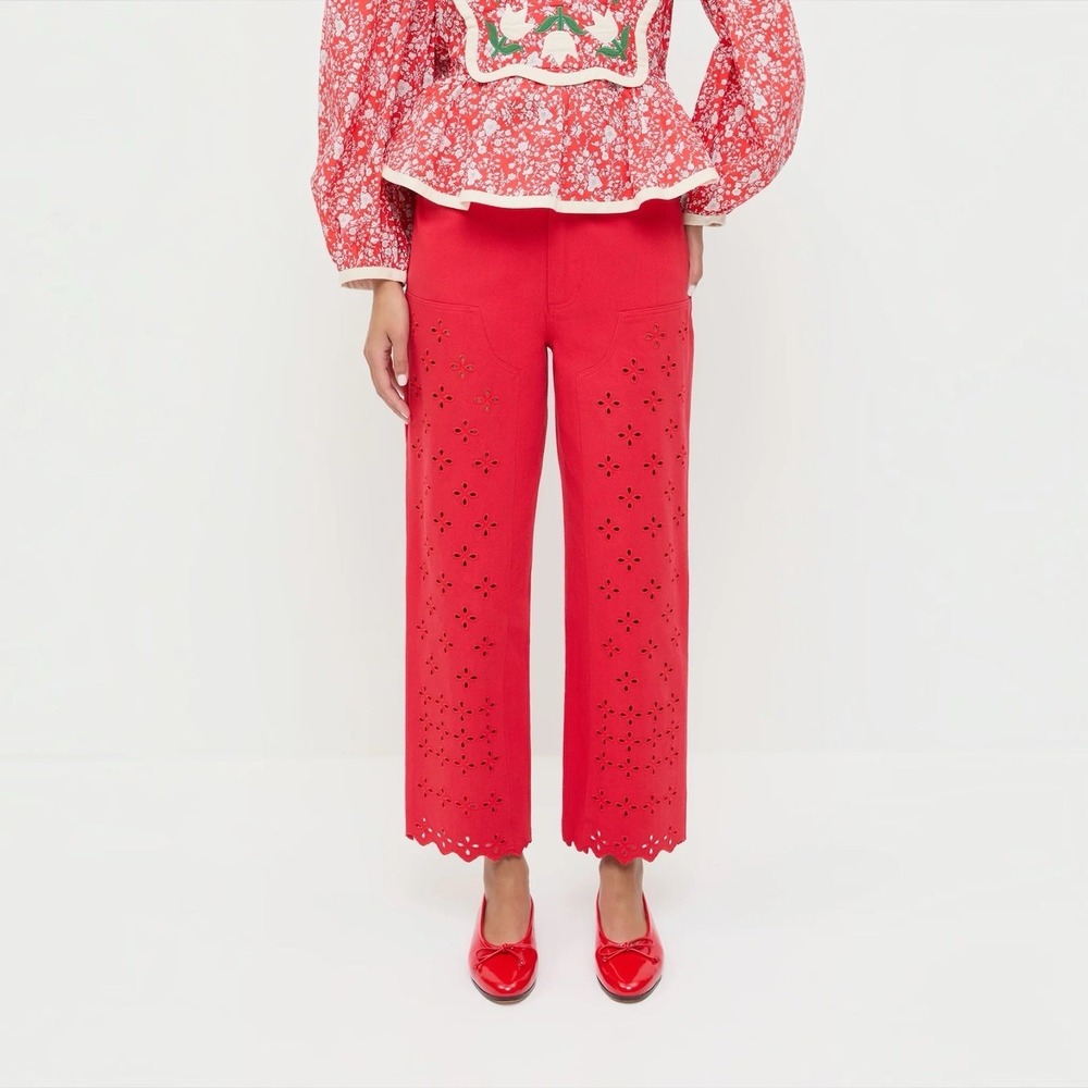 Loeffler Randall Demi Embroidered Pants Jeans Eyelet Red Sz 0